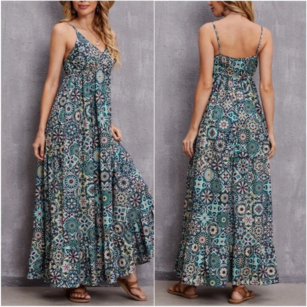 Boho Green Floral Print Ruffle Cami Maxi Dress Cottagecore - Picture 2 of 3